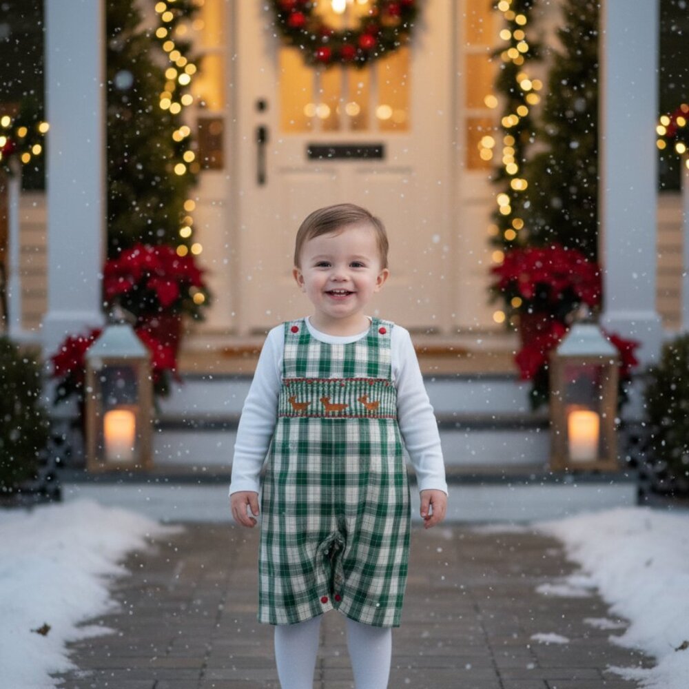 Reindeer Smocked Jon Jon - Christmas Holiday Collections Rompers - Picture 1 of 6